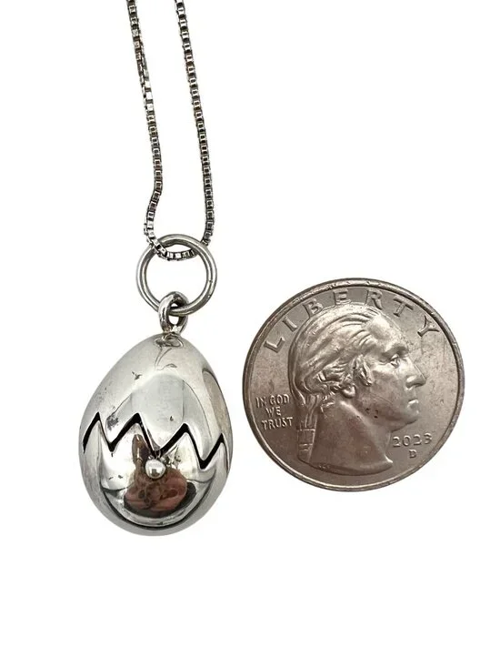 Sterling Silver Hinged Egg Pendant with Hidden Chick Necklace 24" 925 Chain - Picture 6 of 13